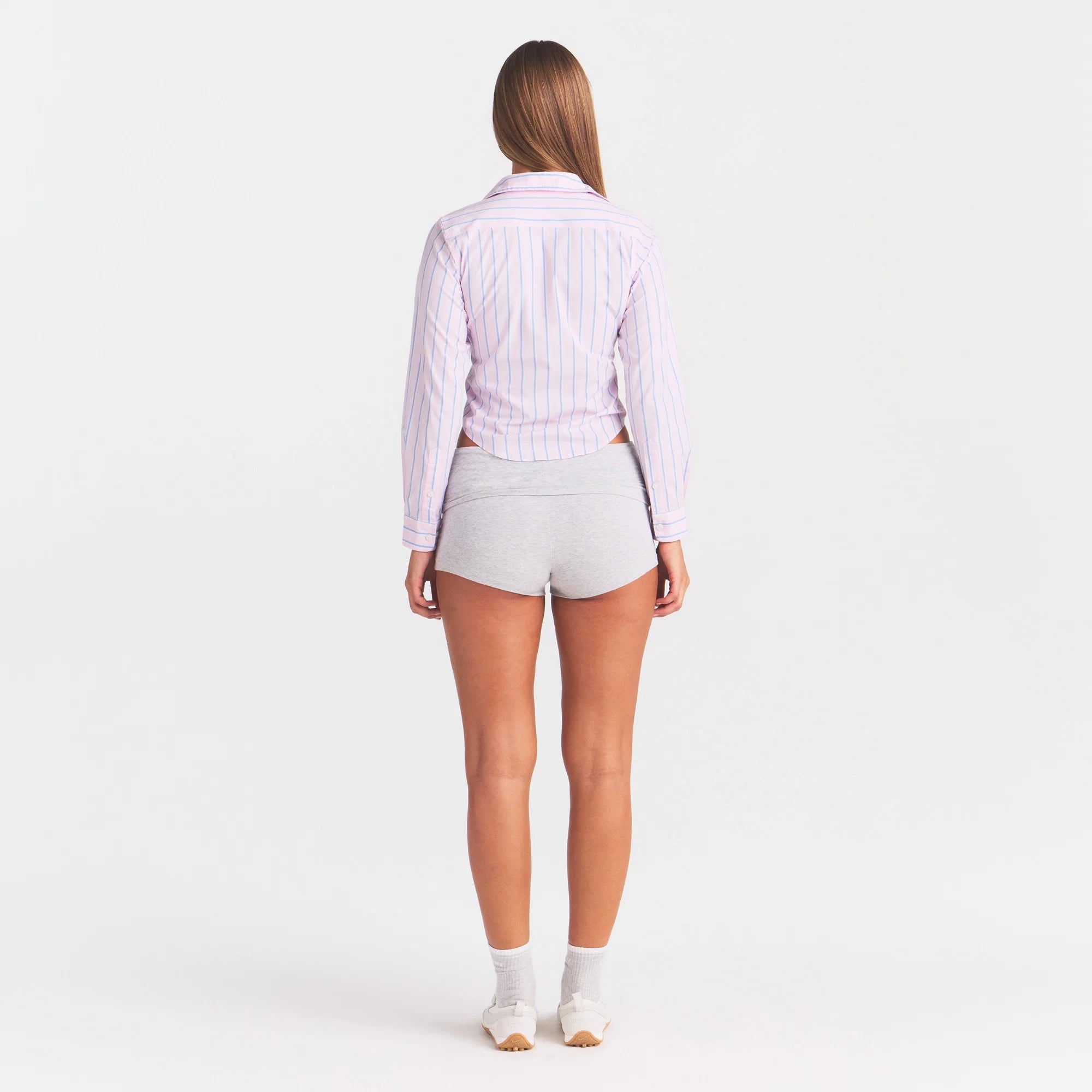 COTTON POPLIN SHRUNKEN BUTTON UP SHIRT | PINK TULLE WIDE STRIPE