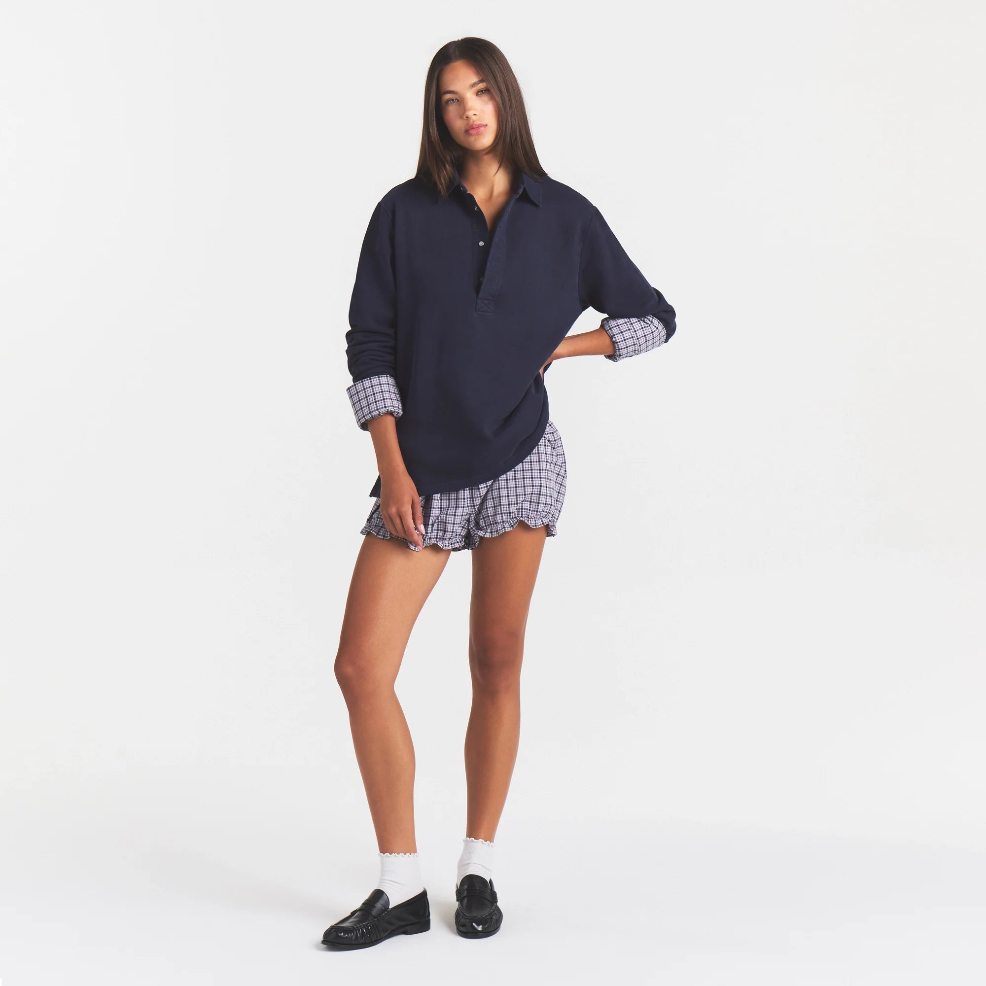BOYFRIEND FLEECE OVERSIZED POLO  | BLUE BLACK