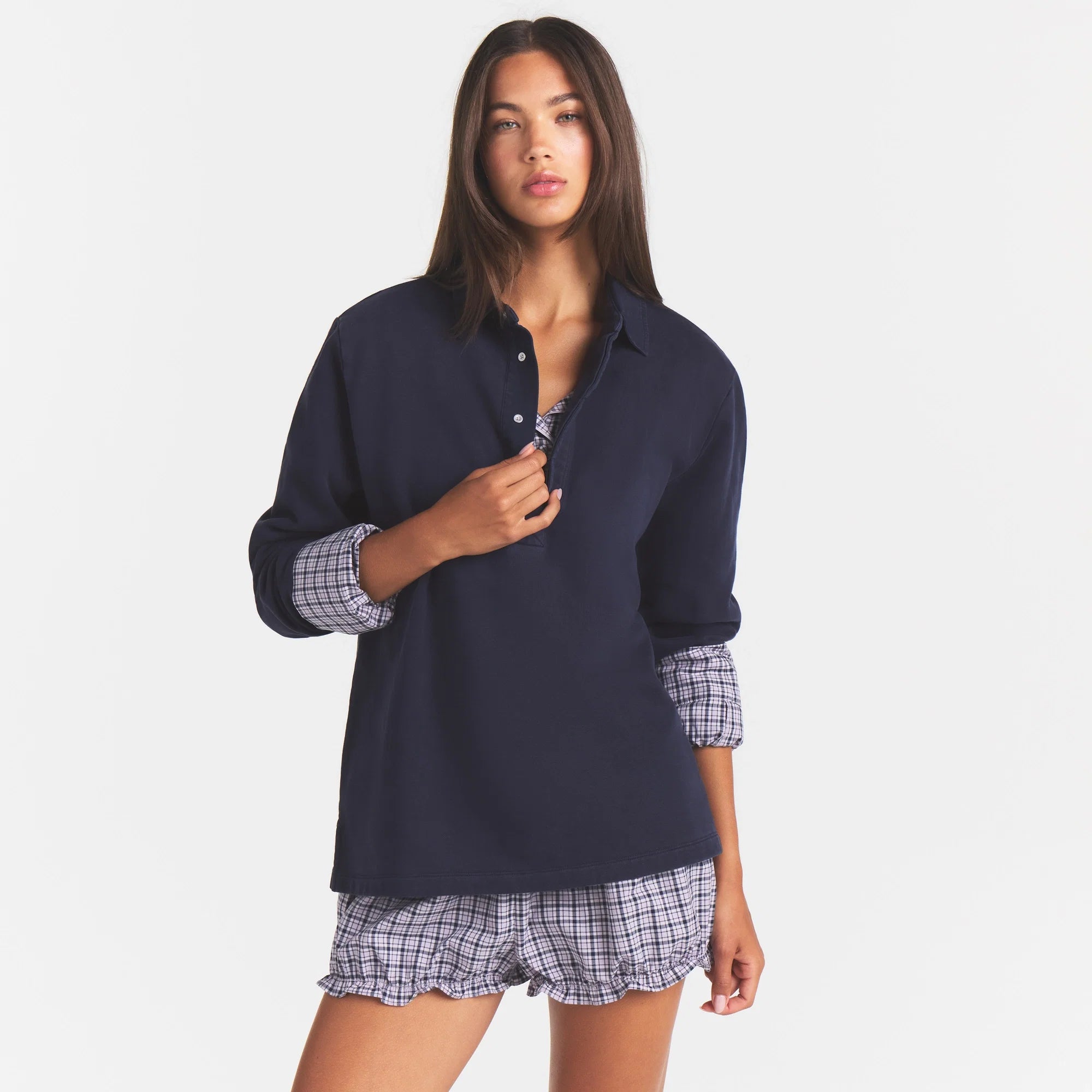 BOYFRIEND FLEECE OVERSIZED POLO  | BLUE BLACK