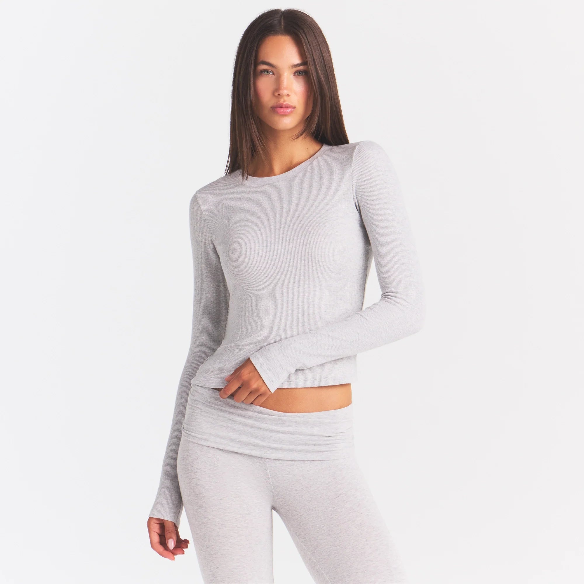 COTTON RIB LONG SLEEVE T-SHIRT | LIGHT HEATHER GREY