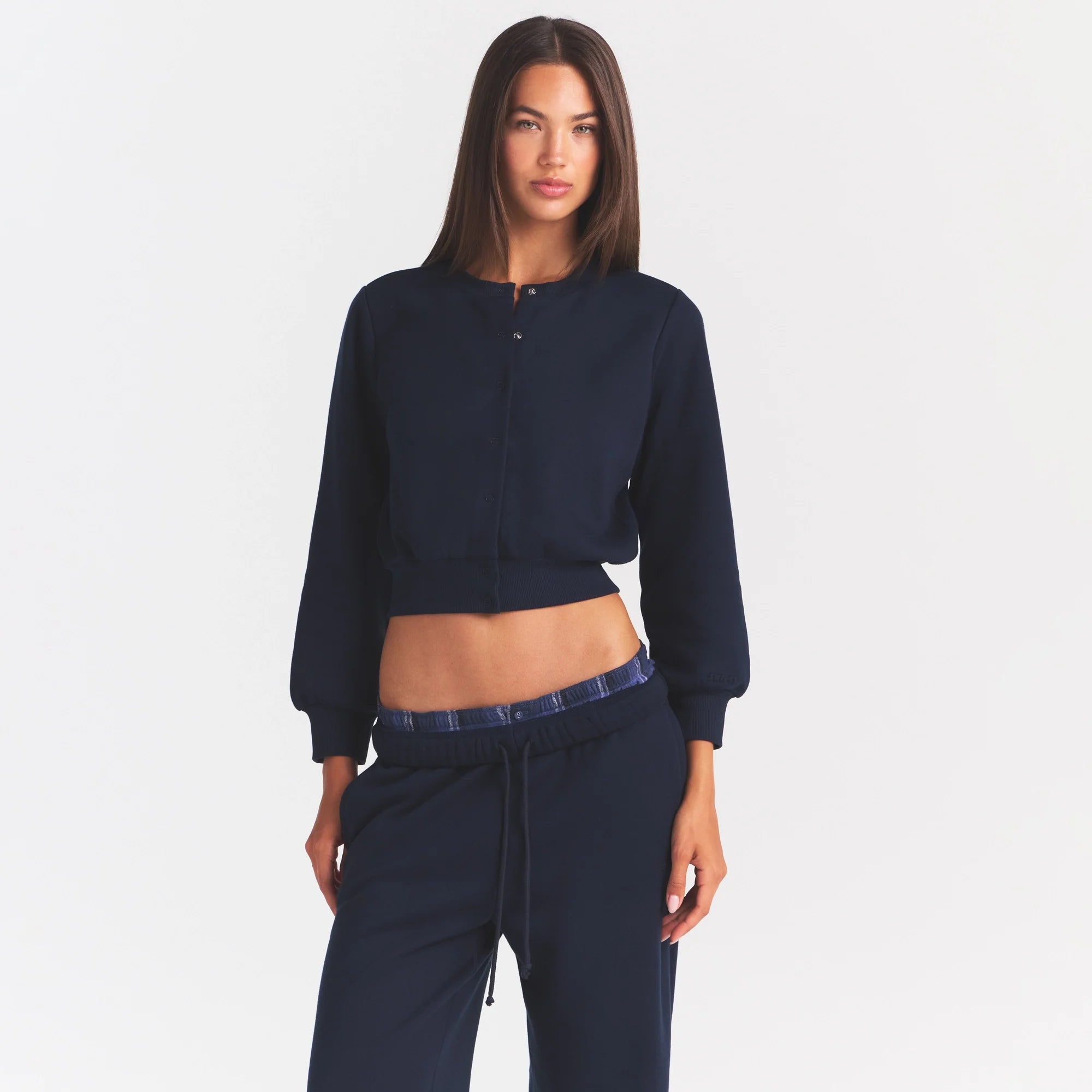 COTTON FLEECE SHRUNKEN CARDIGAN | NAVY