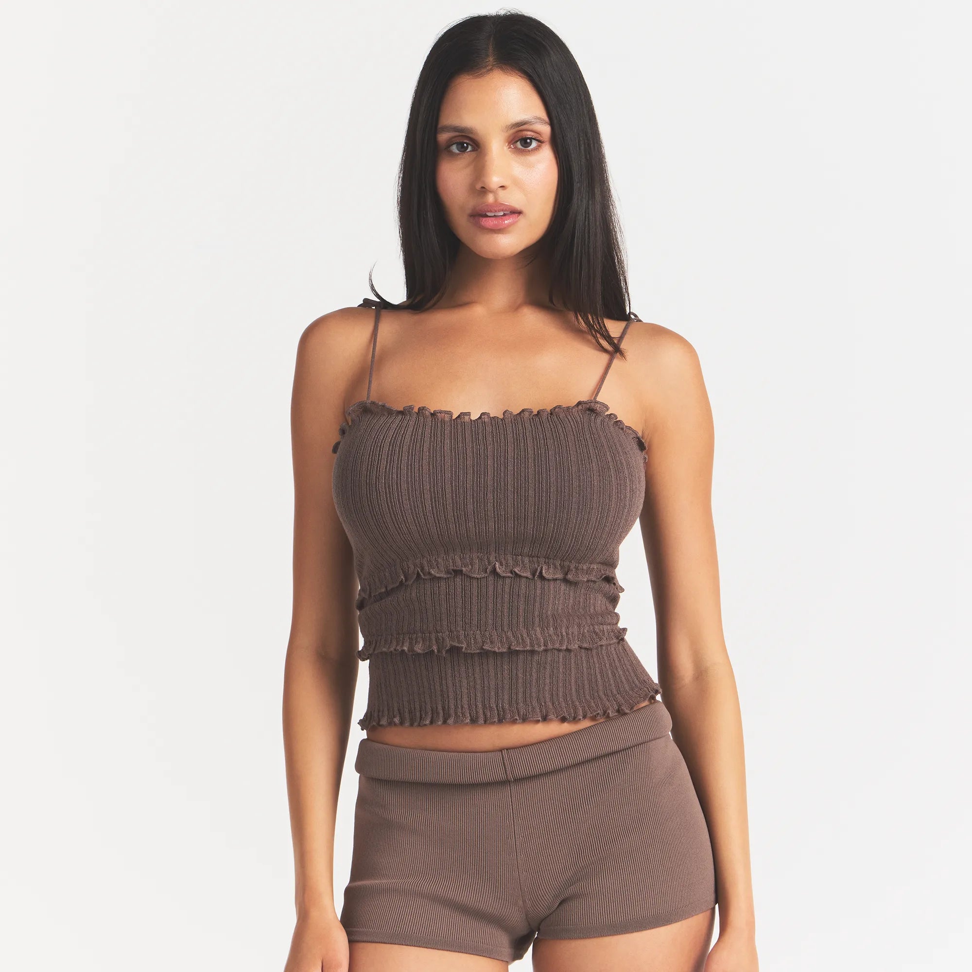 SHEER KNIT RUFFLE CAMI | AMETHYST