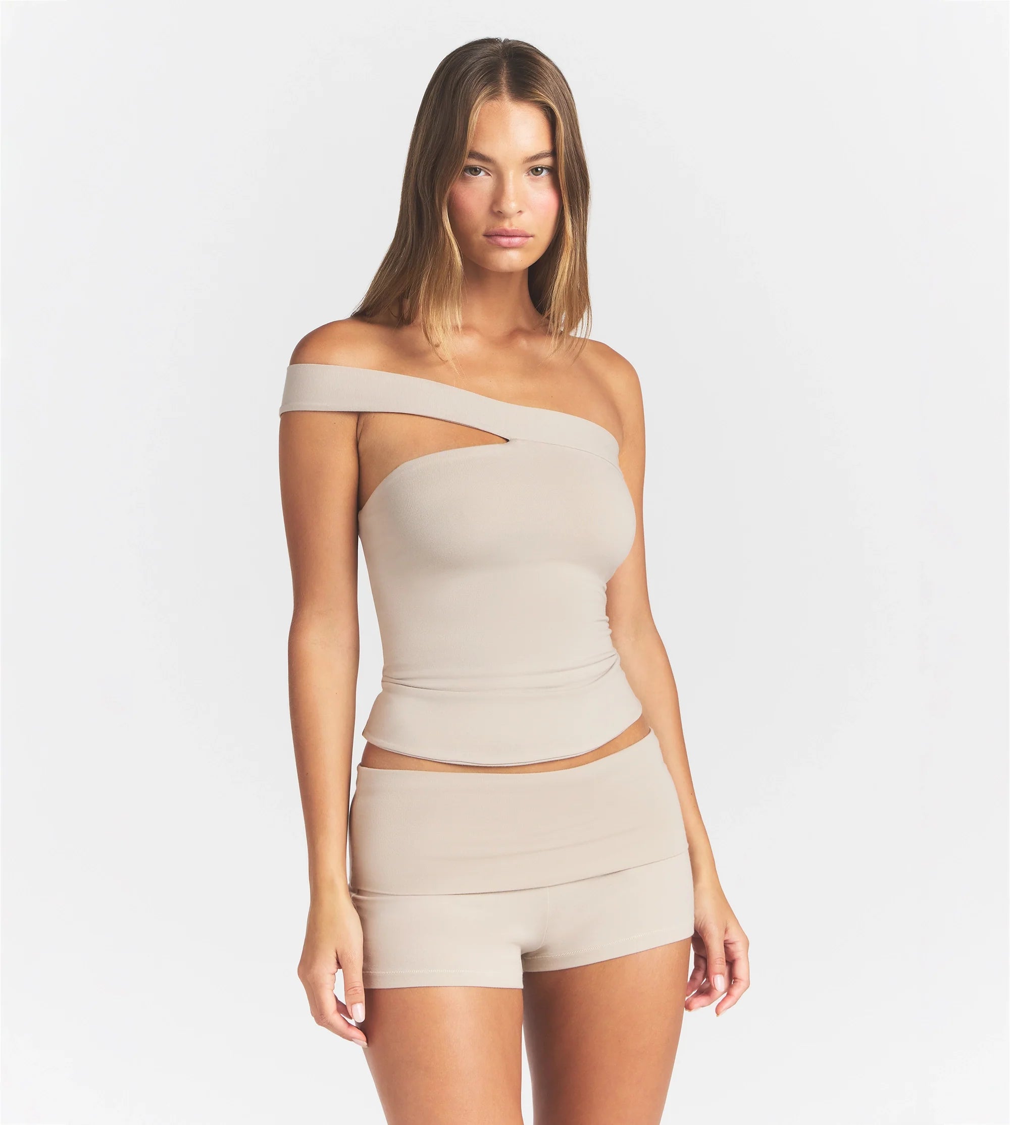 COTTON JERSEY ASYMMETRICAL TOP | STONE