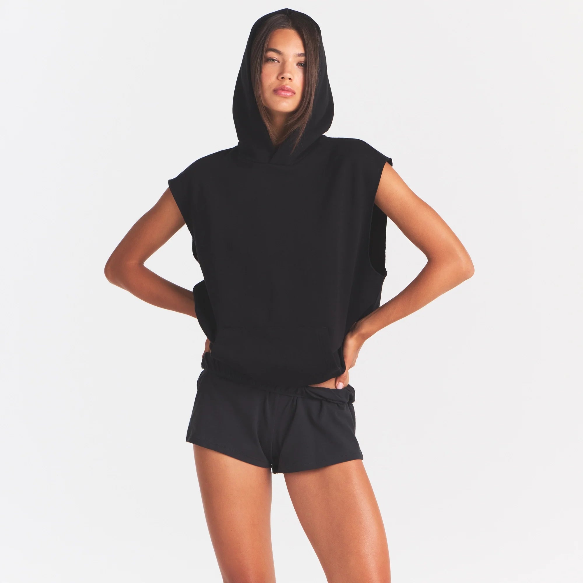 COTTON FLEECE OVERSIZED SLEEVELESS HOODIE | ONYX