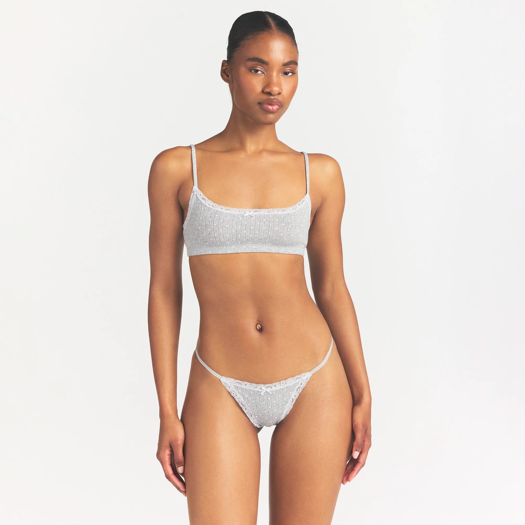LIGHTWEIGHT COTTON POINTELLE LACE STRING THONG | LIGHT HEATHER GREY PIN DOT